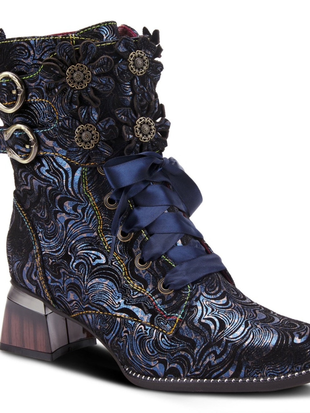 L'ATISTE Navy zip up and  Lace-Up Ankle Boots with Floral Hardware